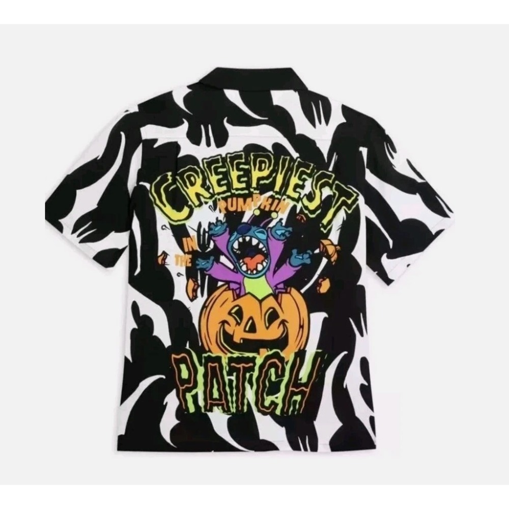 Disney Stitch Halloween Shirt Creepiest Patch Button Up Black White - Picture 2 of 3